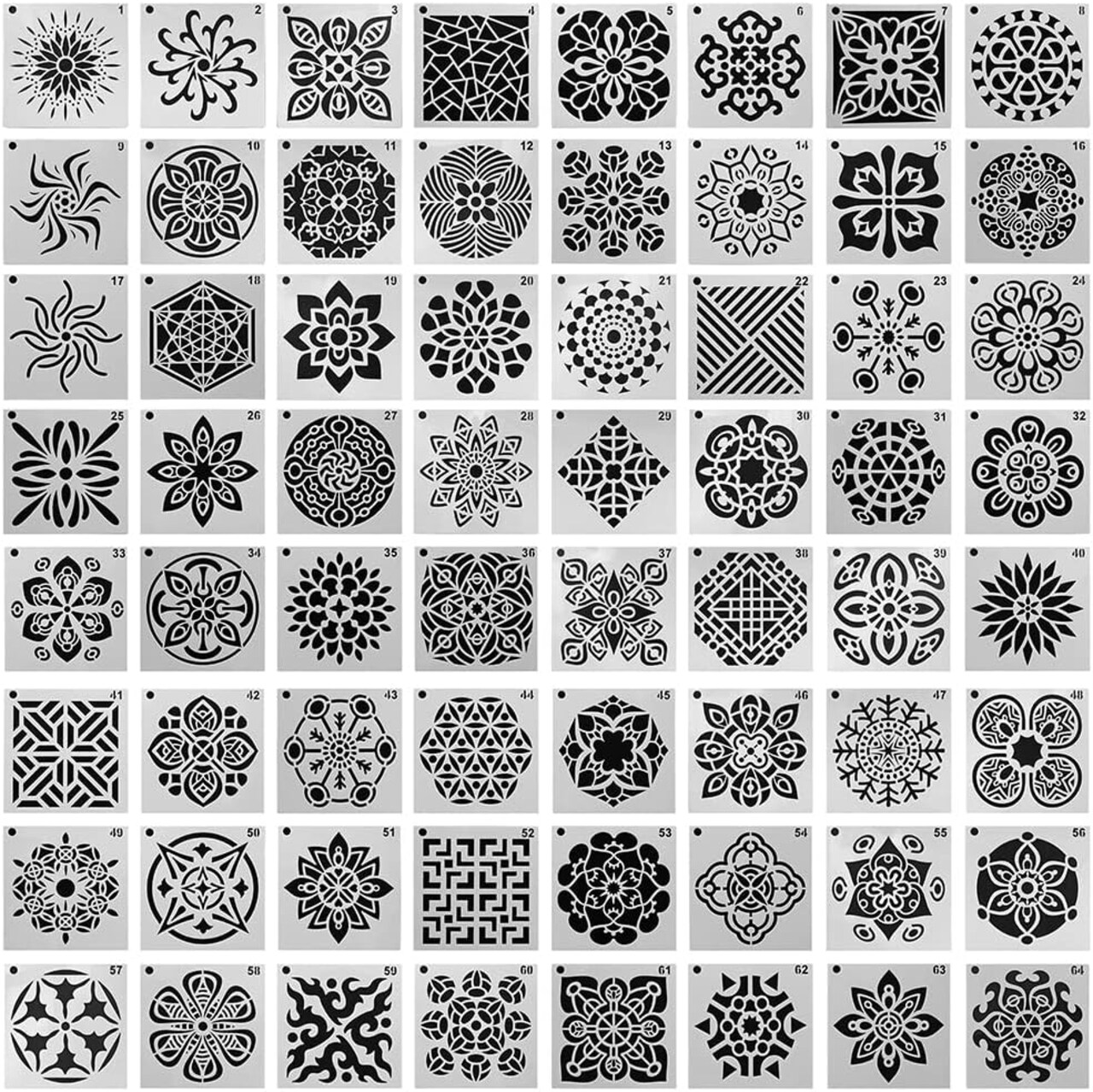 64PCS Mandala Dot Painting Stencils Set (90×90mm) – Reusable Artistic Creation Templates for Murals, Books, Fabric, Wood, Glass, DIY Crafts & Home Decor